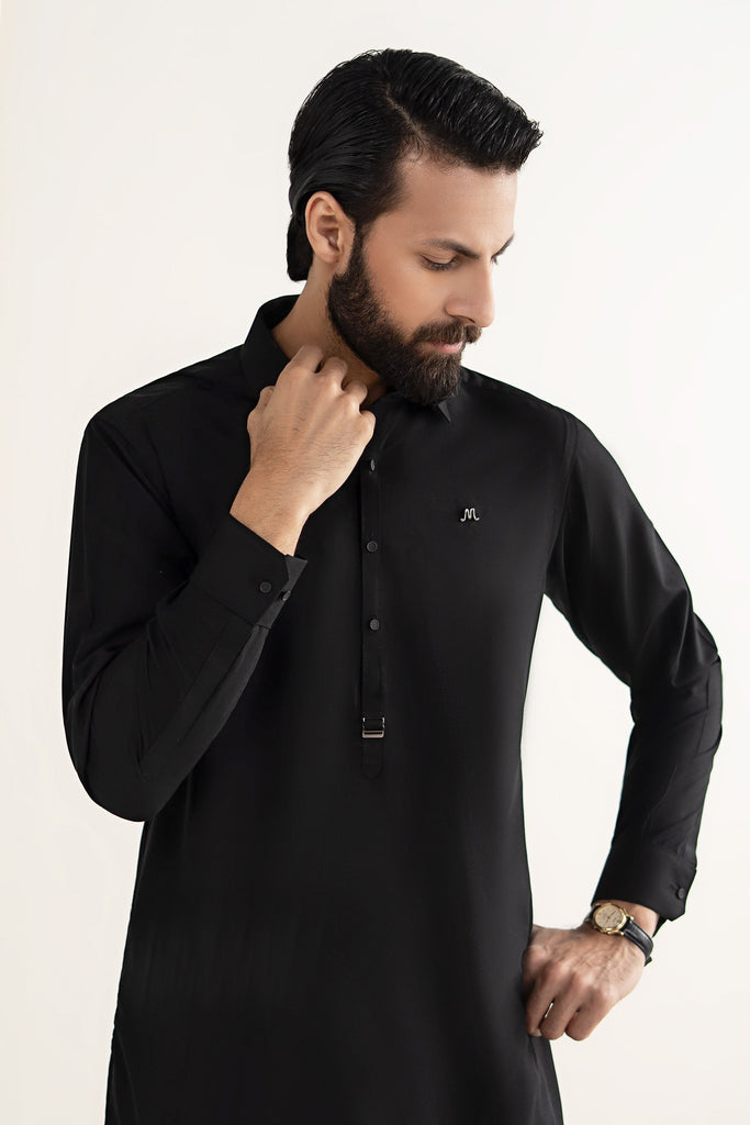Mens 2 Piece Blended Kurta Shalwar Suit - Night Black