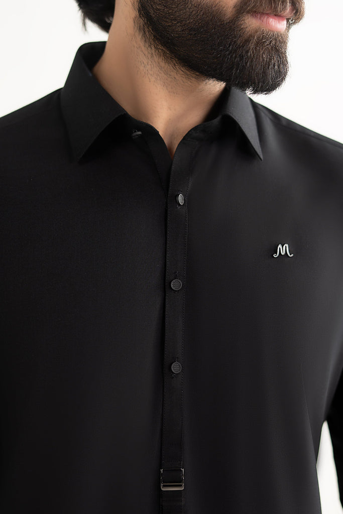 Mens 2 Piece Blended Kurta Shalwar Suit - Night Black