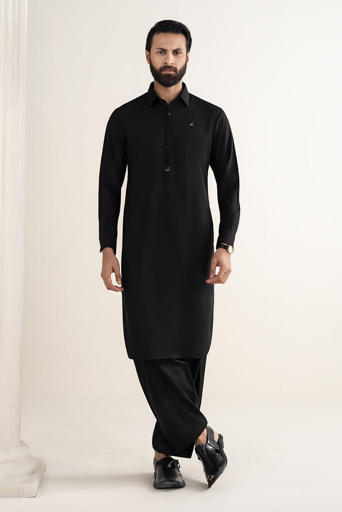 Mens 2 Piece Blended Kurta Shalwar Suit - Night Black