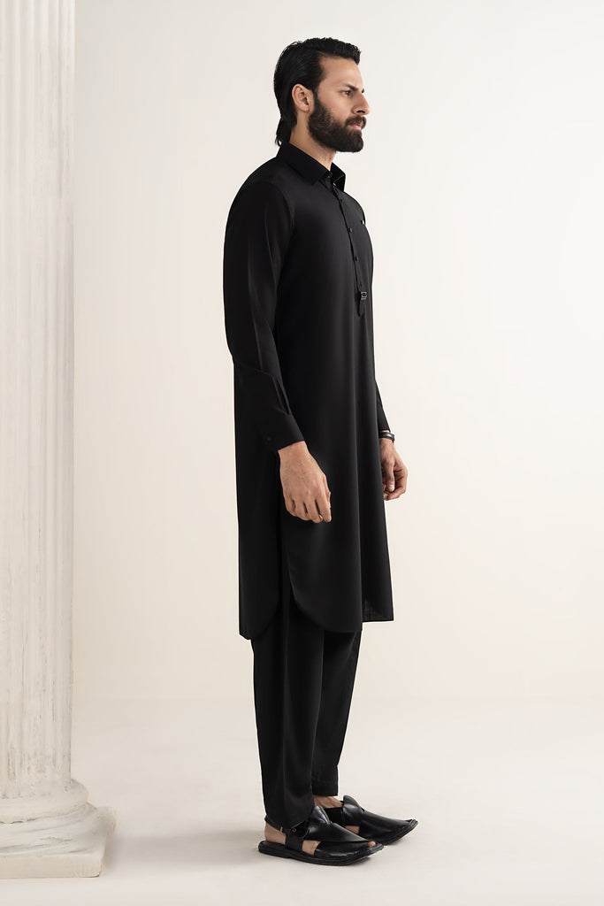 Mens 2 Piece Blended Kurta Shalwar Suit - Night Black
