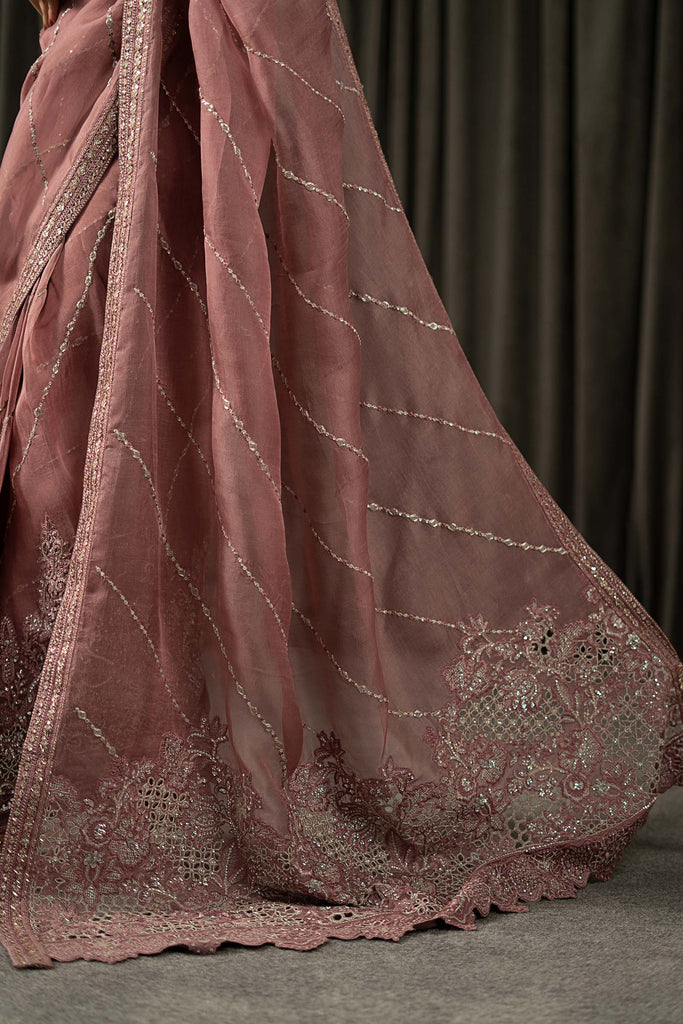 Maria.B Embroidered Organza Saree in Pink