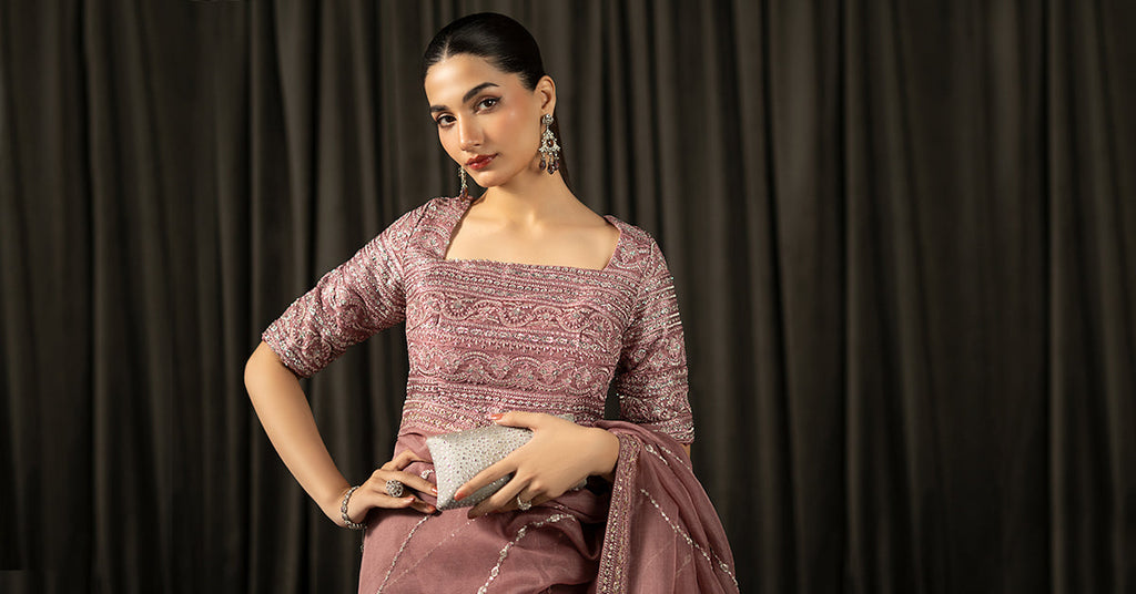 Maria.B Embroidered Organza Saree in Pink
