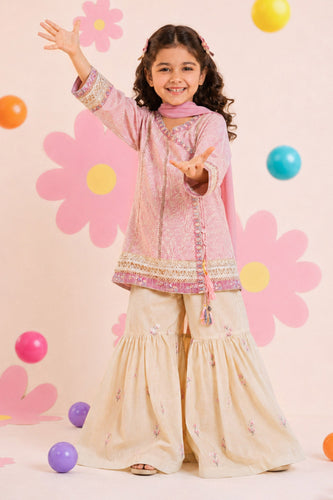 3 Piece Pink Lawn Angrakha Suit for Kids