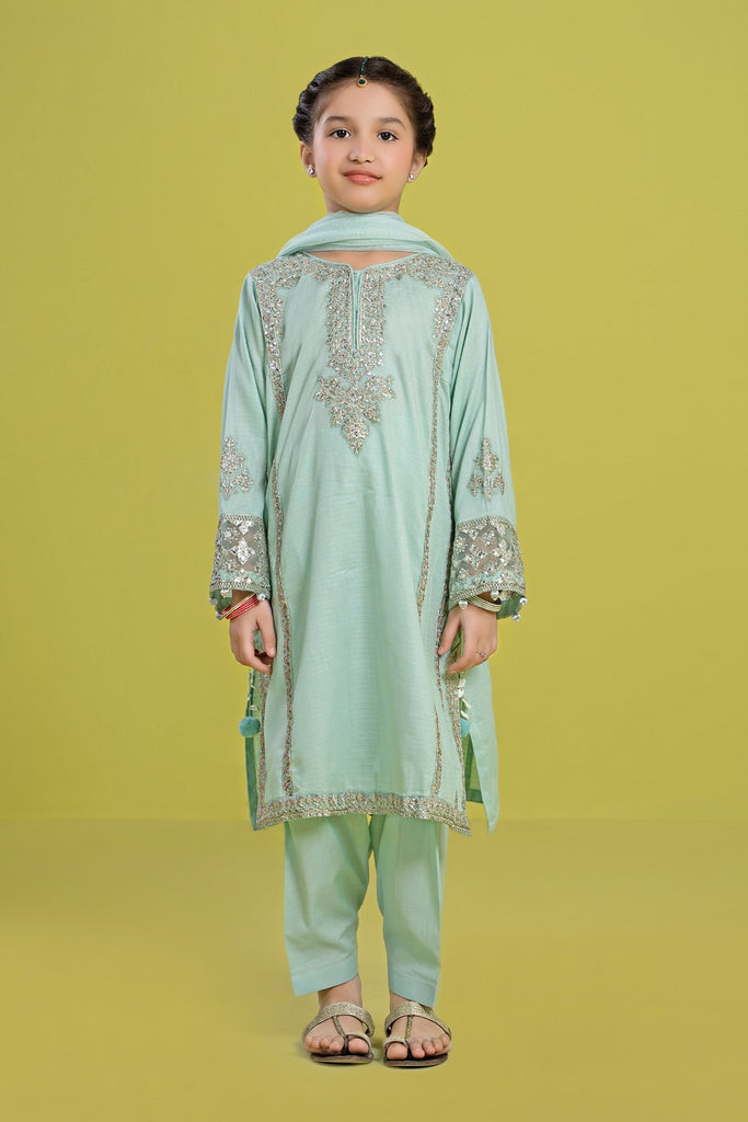 Kids 3 Piece Embroidered Dobby Kurta and Shalwar - Ferozi