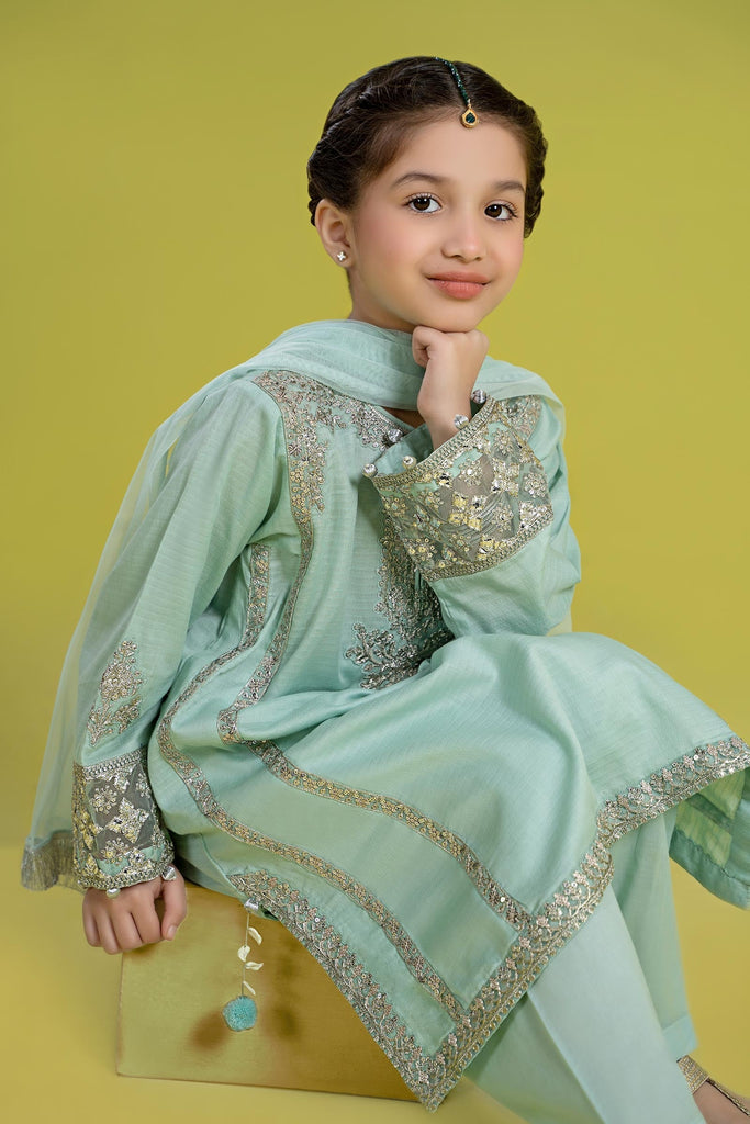 Kids 3 Piece Embroidered Dobby Kurta and Shalwar - Ferozi