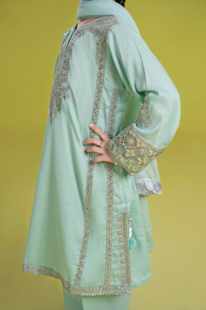 Kids 3 Piece Embroidered Dobby Kurta and Shalwar - Ferozi