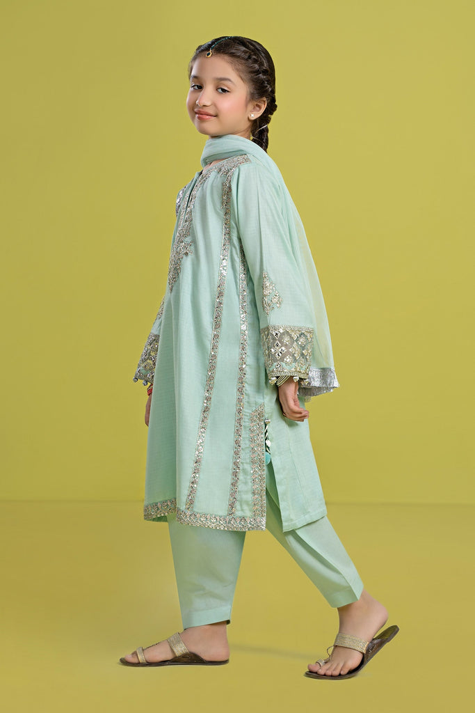 Kids 3 Piece Embroidered Dobby Kurta and Shalwar - Ferozi