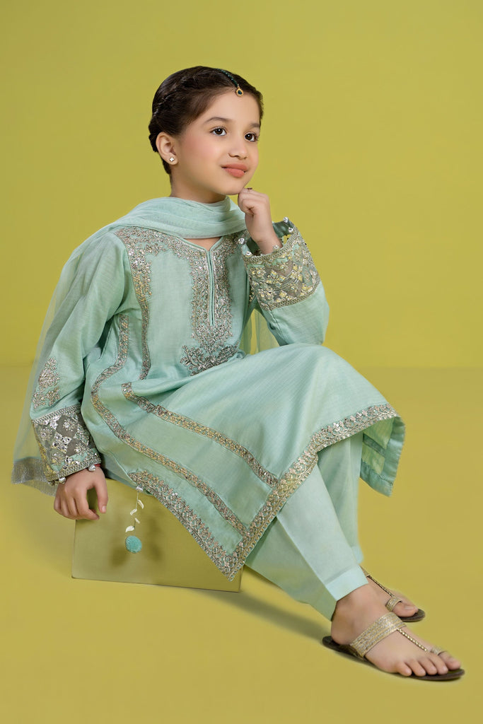 Kids 3 Piece Embroidered Dobby Kurta and Shalwar - Ferozi