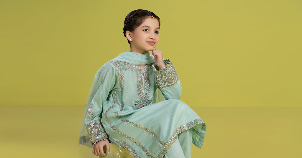 Kids 3 Piece Embroidered Dobby Kurta and Shalwar - Ferozi