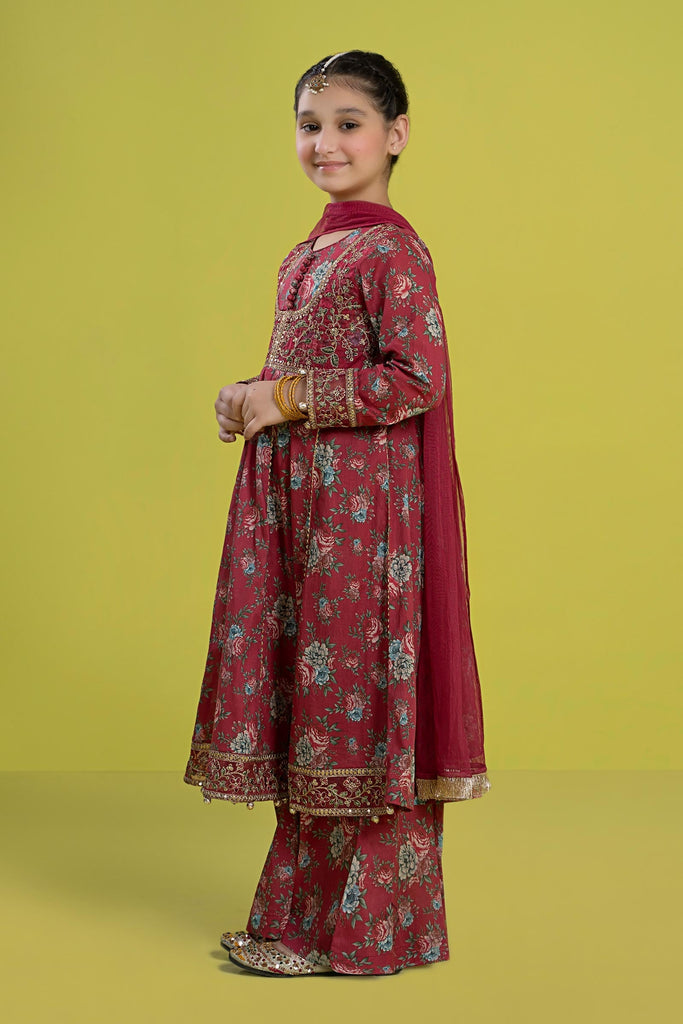 Kids 3 Piece Mughal Embroidered Lawn Suit - Pink
