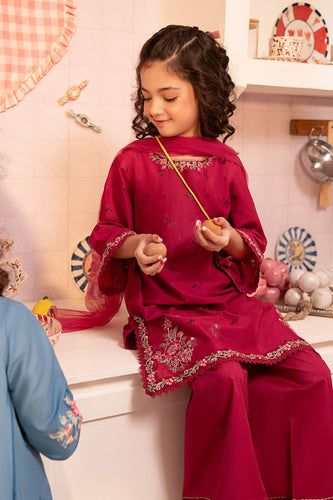 3 Piece Maroon Lawn Suit with Schiffli Front