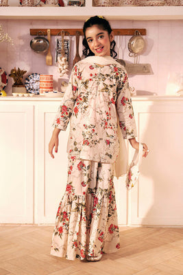 White Lawn 3 Piece Suit with Gharara and Dupatta