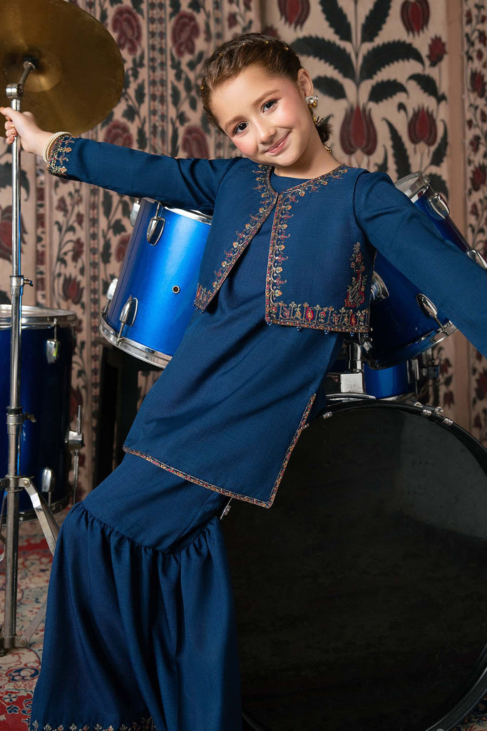 Girls 3 Piece Embroidered Silk Suit - Blue