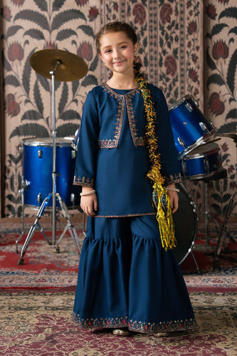 Girls 3 Piece Embroidered Silk Suit - Blue
