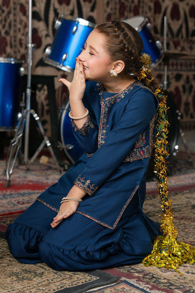 Girls 3 Piece Embroidered Silk Suit - Blue