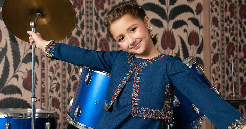 Girls 3 Piece Embroidered Silk Suit - Blue