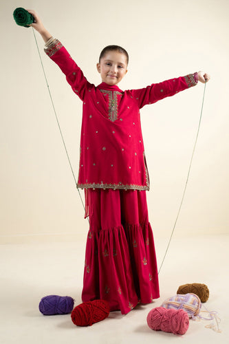 Kids 3 Piece Embroidered Linen Suit - Pink