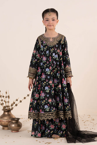 Black 3 Piece Embroidered Lawn Frock Suit for Girls