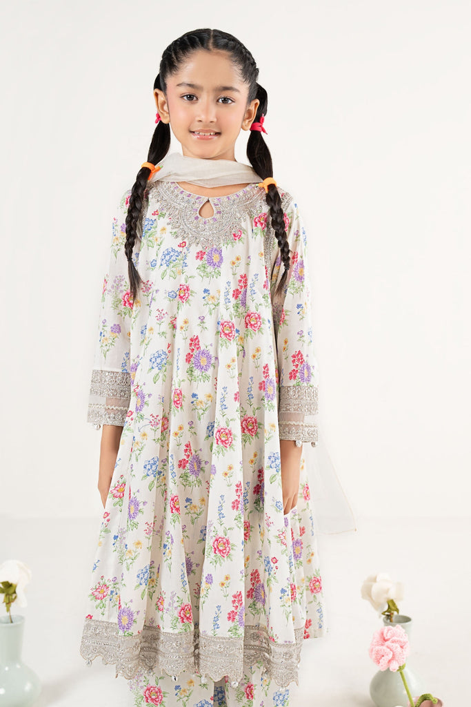 White 3 Piece Embroidered Lawn Frock Suit for Girls