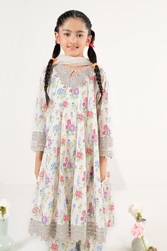 White 3 Piece Embroidered Lawn Frock Suit for Girls