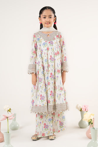White 3 Piece Embroidered Lawn Frock Suit for Girls
