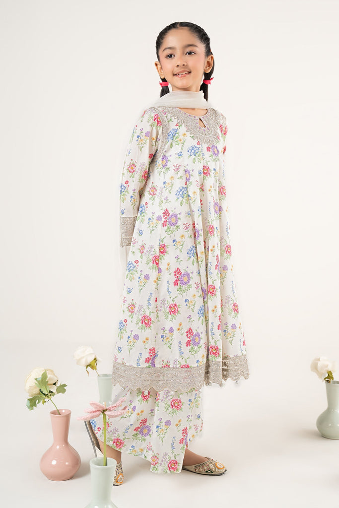 White 3 Piece Embroidered Lawn Frock Suit for Girls