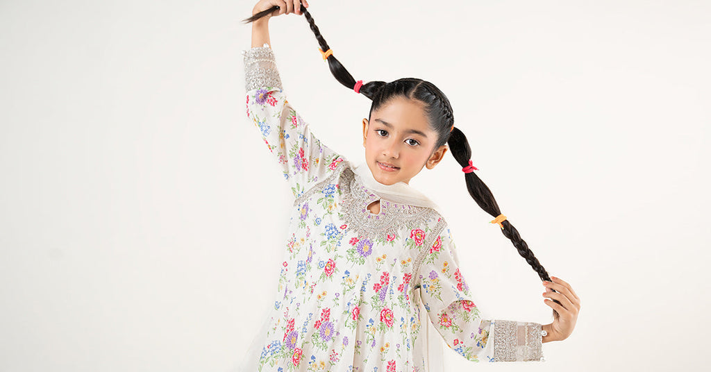 White 3 Piece Embroidered Lawn Frock Suit for Girls