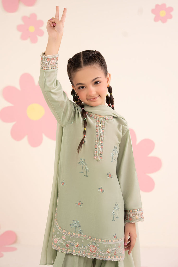 Kids Embroidered Lawn 3 Piece Suit with Farshi Shalwar - Mint Green