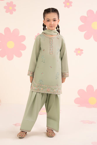 Kids Embroidered Lawn 3 Piece Suit with Farshi Shalwar - Mint Green