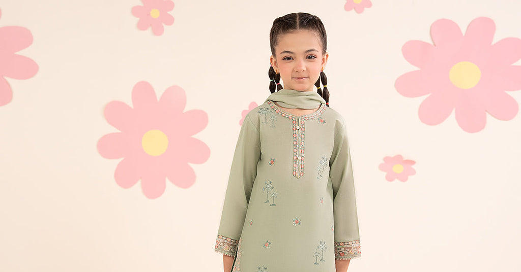 Kids Embroidered Lawn 3 Piece Suit with Farshi Shalwar - Mint Green