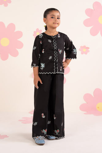 Girls 2 Piece Embroidered Dobby Jacquard Suit in Black