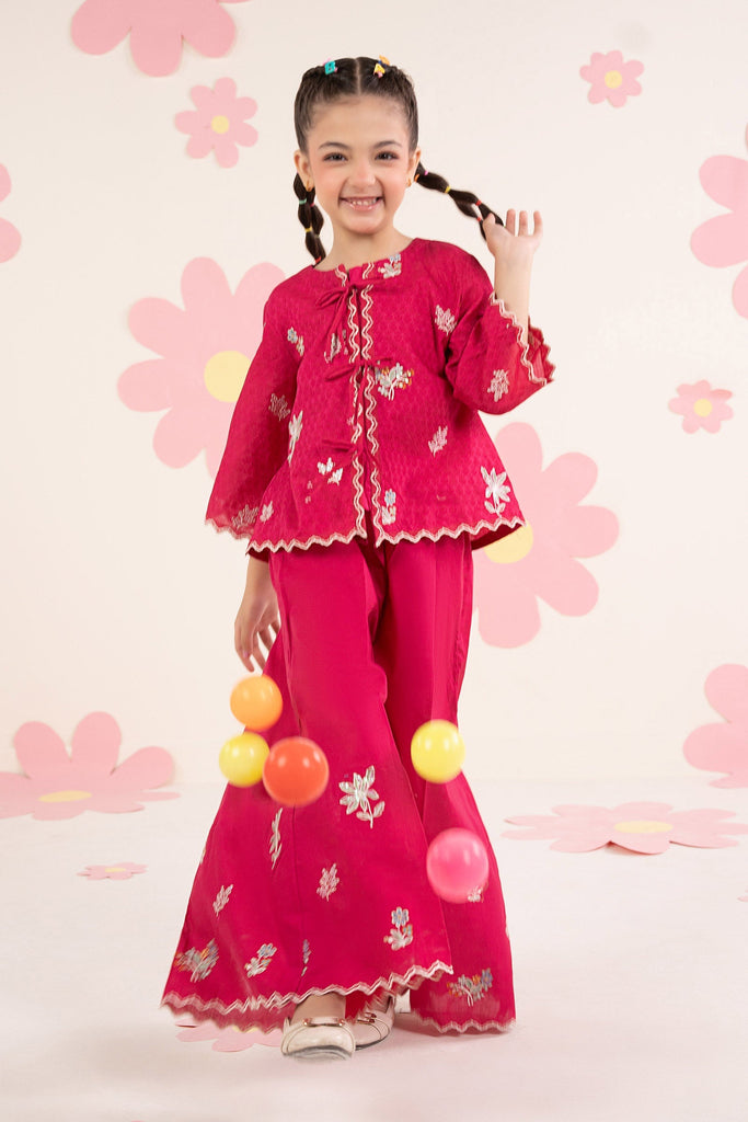Girls 2 Piece Embroidered Dobby Jacquard Suit in Pink