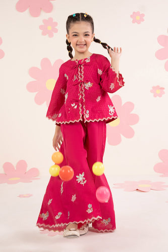 Girls 2 Piece Embroidered Dobby Jacquard Suit in Pink