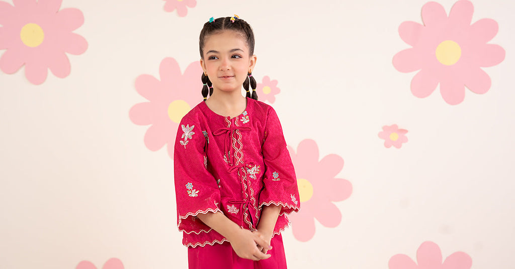 Girls 2 Piece Embroidered Dobby Jacquard Suit in Pink