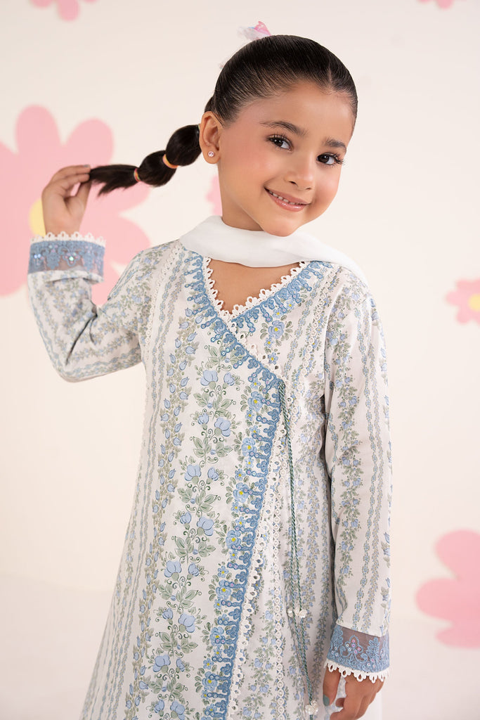 Boys 3 Piece Embroidered Lawn Angrakha Suit - Light Blue