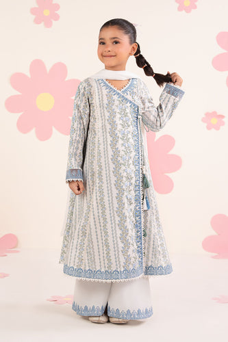 Boys 3 Piece Embroidered Lawn Angrakha Suit - Light Blue