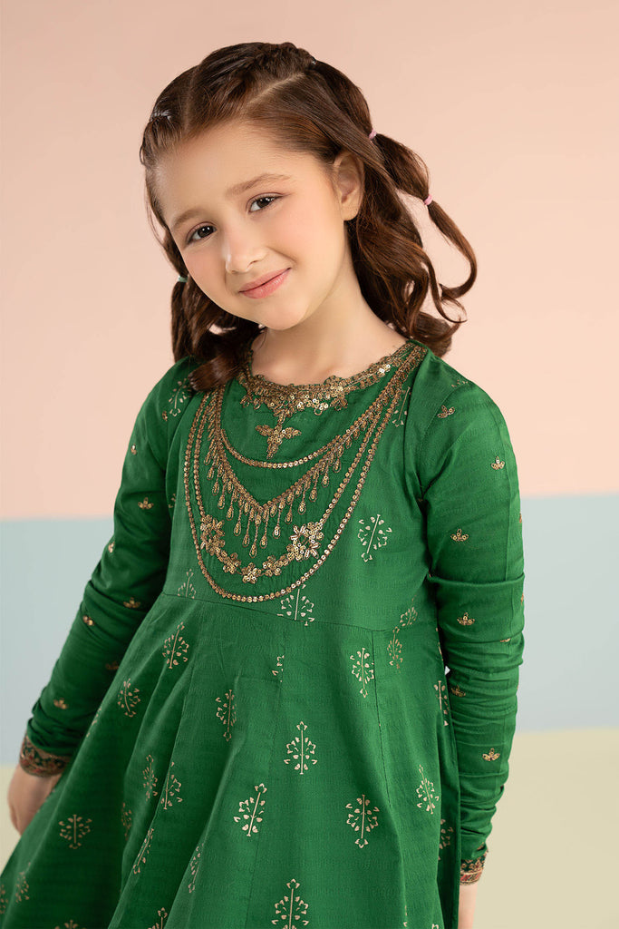 Kids 2 Piece Dobby Lawn Long Frock Suit - Green