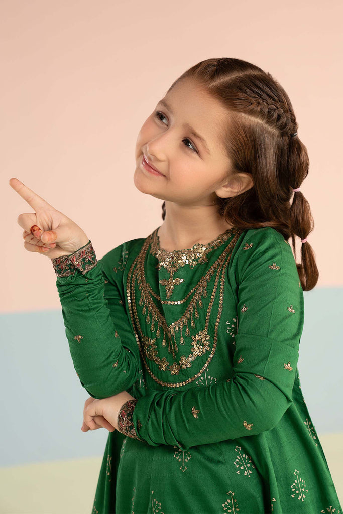 Kids 2 Piece Dobby Lawn Long Frock Suit - Green