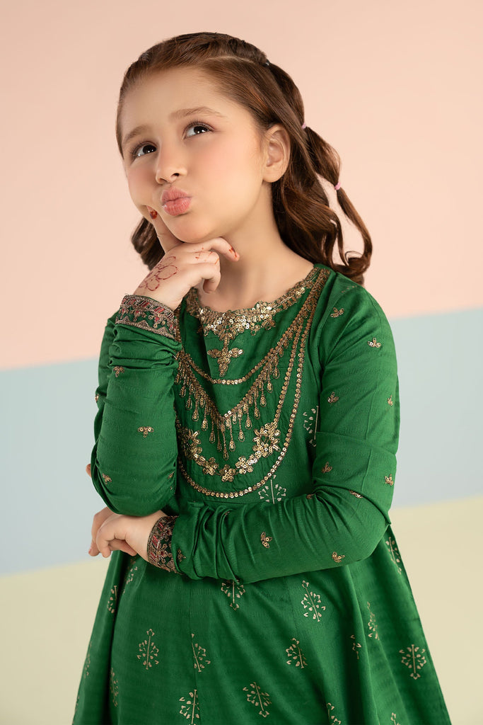 Kids 2 Piece Dobby Lawn Long Frock Suit - Green