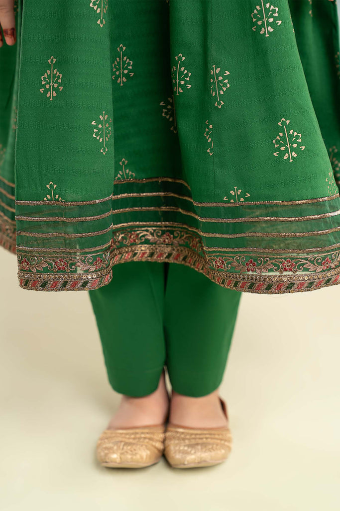 Kids 2 Piece Dobby Lawn Long Frock Suit - Green