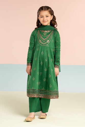 Kids 2 Piece Dobby Lawn Long Frock Suit - Green