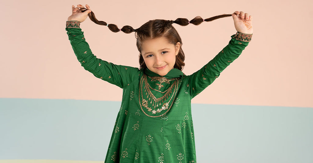 Kids 2 Piece Dobby Lawn Long Frock Suit - Green