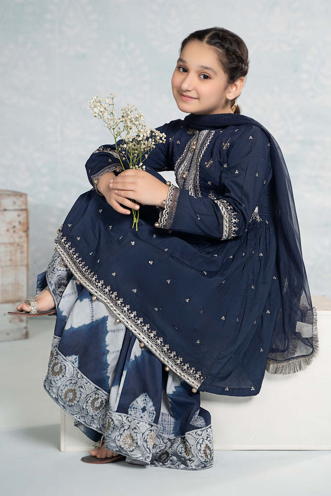 Girls 3 Piece Embroidered Lawn Kurta with Gharara - Blue
