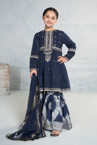 Girls 3 Piece Embroidered Lawn Kurta with Gharara - Blue