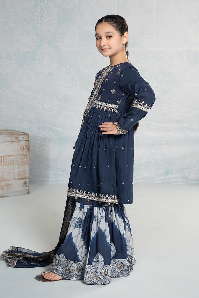 Girls 3 Piece Embroidered Lawn Kurta with Gharara - Blue
