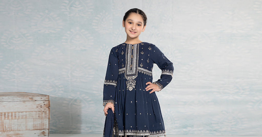 Girls 3 Piece Embroidered Lawn Kurta with Gharara - Blue