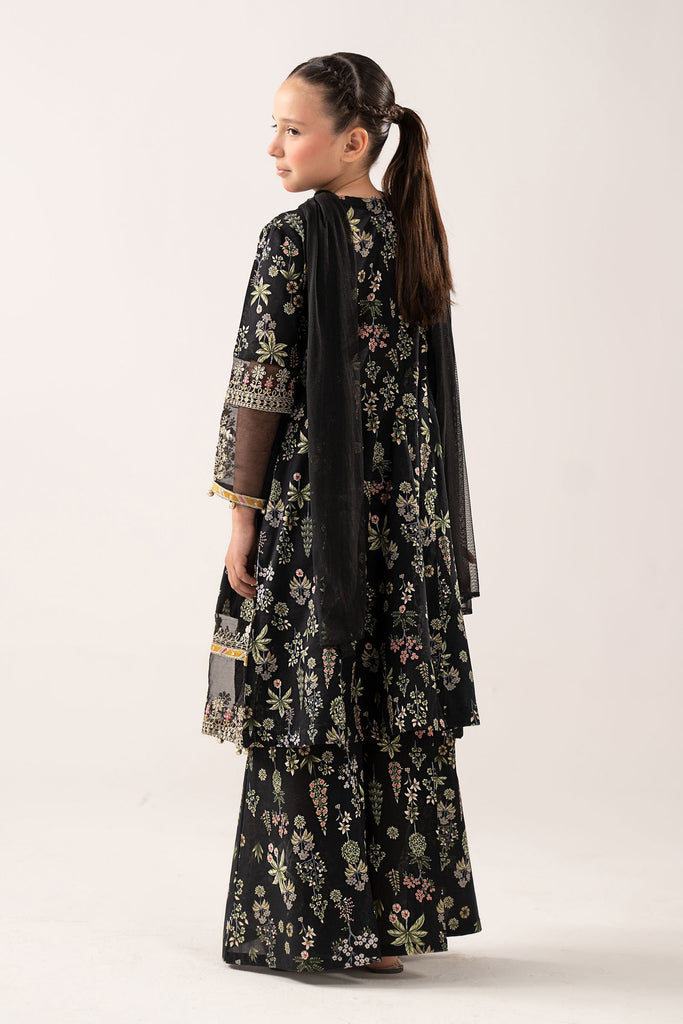 Printed Lawn Angrakha 3 Piece Suit for Kids - Black