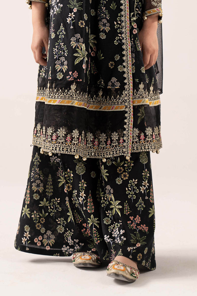 Printed Lawn Angrakha 3 Piece Suit for Kids - Black