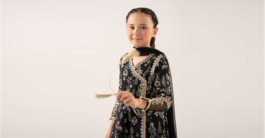 Printed Lawn Angrakha 3 Piece Suit for Kids - Black