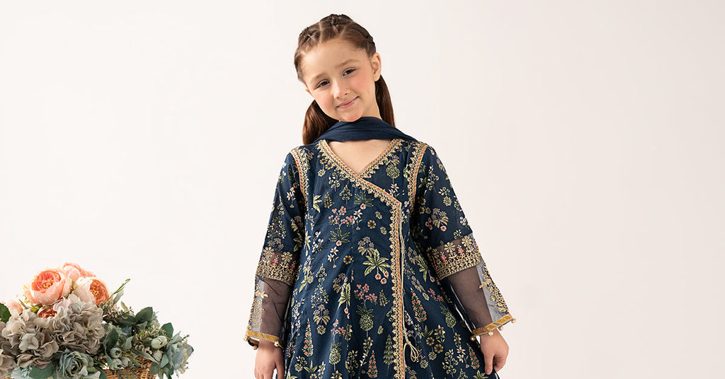 Printed Lawn Angrakha 3 Piece Suit for Kids - Blue
